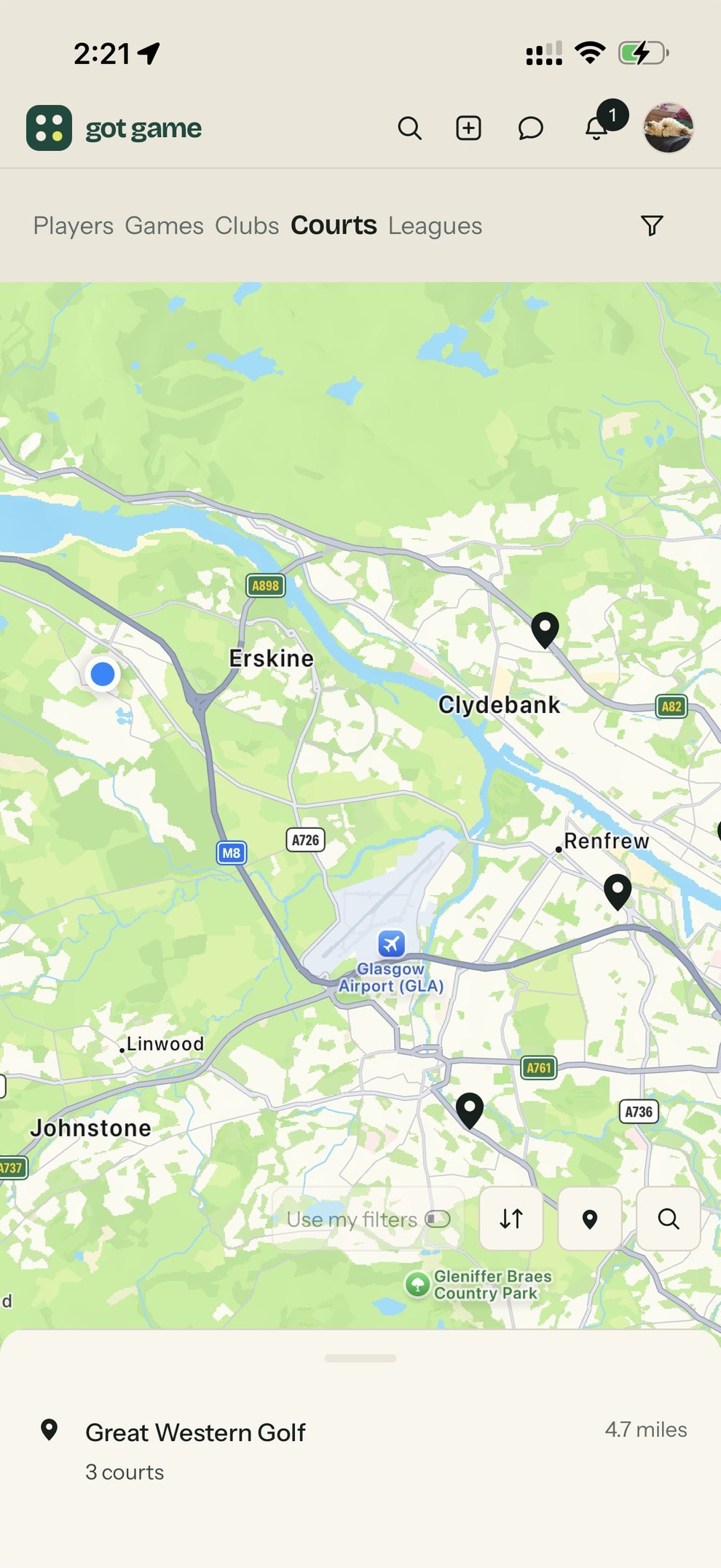 The FIND map with padel courts and games pinned nearby, listed underneath with how far each one is in miles.