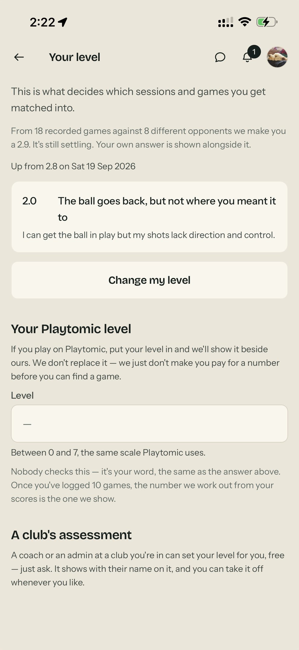 The Your level screen, showing a level worked out from recorded games against different opponents, and the self-rated answer shown alongside it.