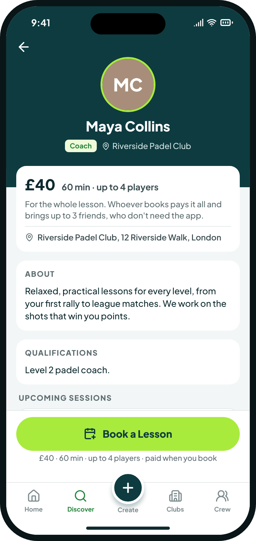A coach’s page in GotGame: Maya Collins, £40 for 60 minutes for up to 4 players, with Book a Lesson