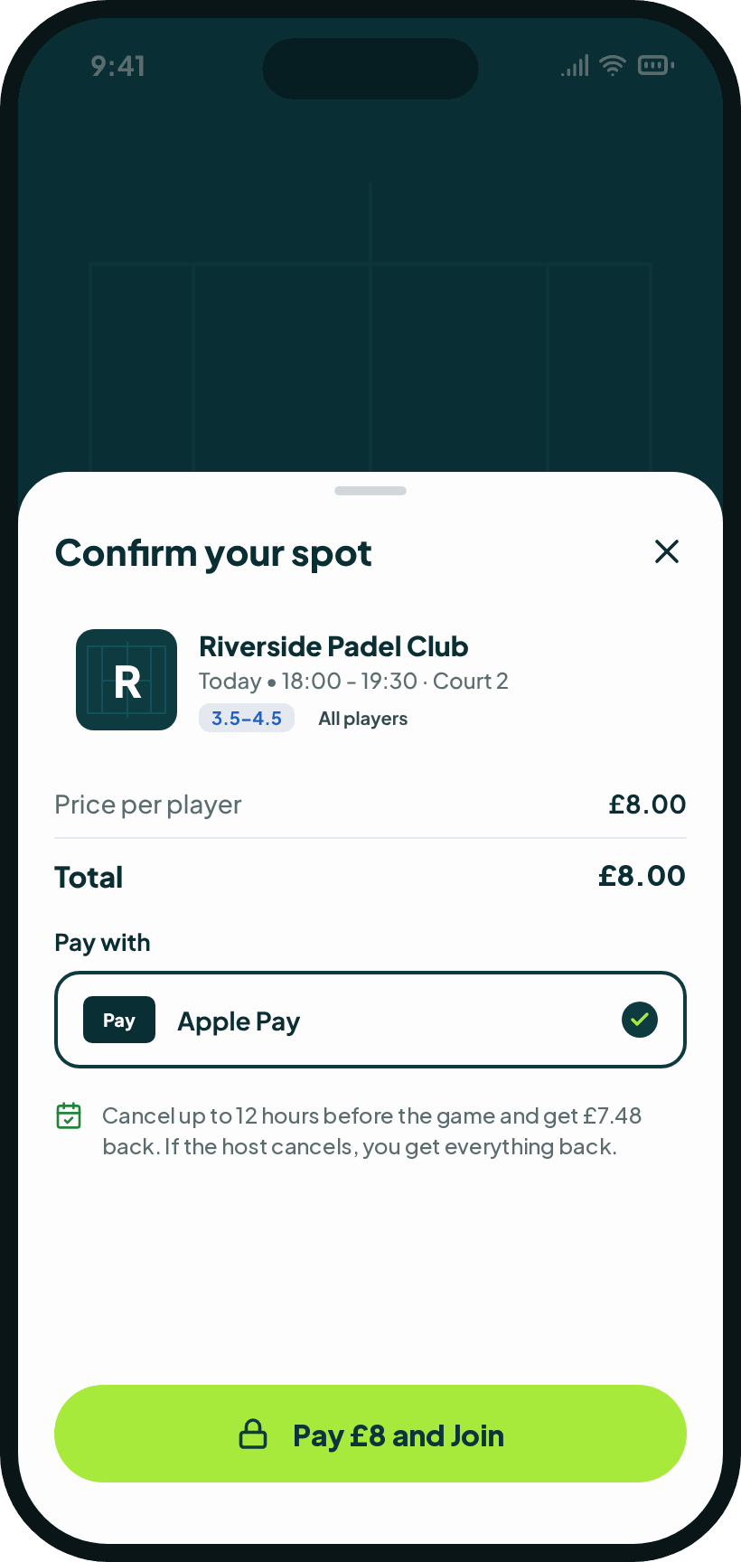 Confirm your spot in GotGame: £8 for a club’s game, paid with Apple Pay