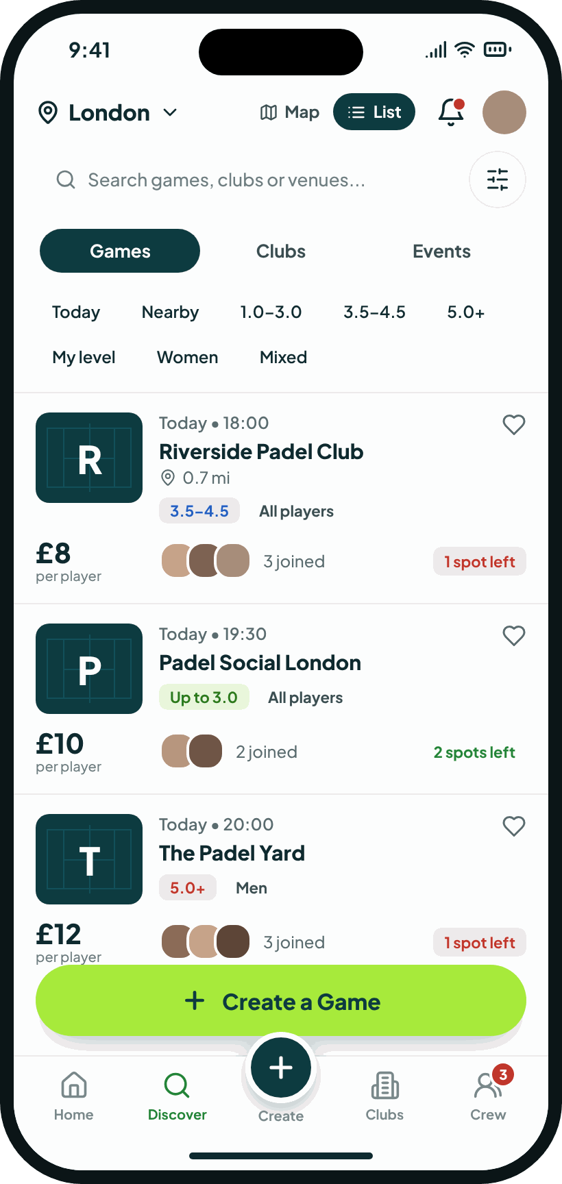 GotGame’s Discover screen: games near you today, with the time, club, level and price