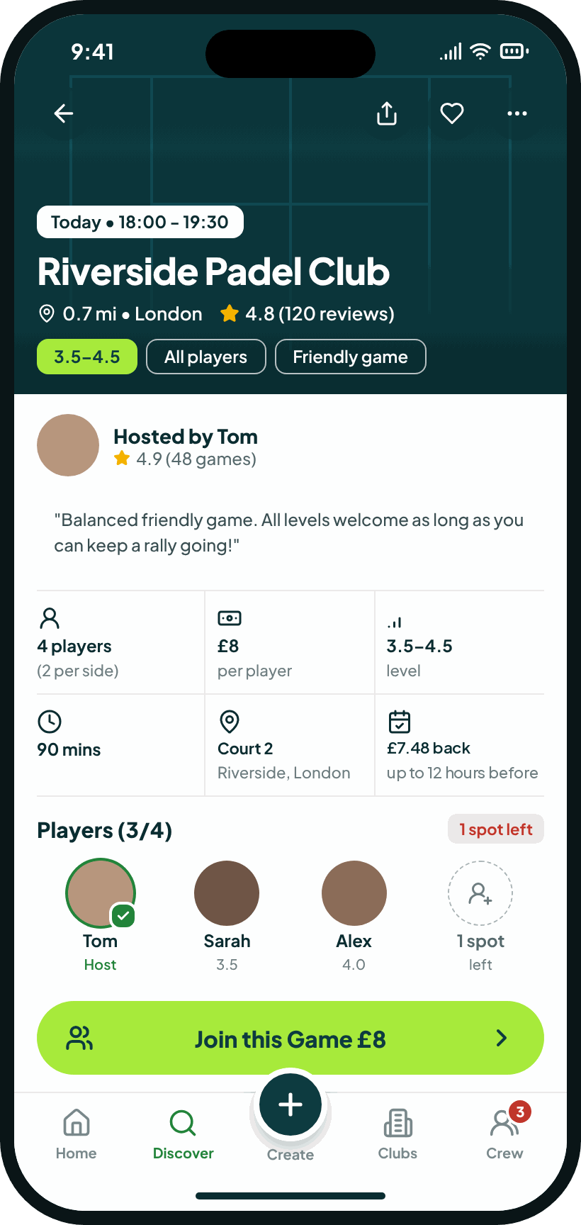 A game’s page in GotGame: when, where, the level, the price and who’s playing