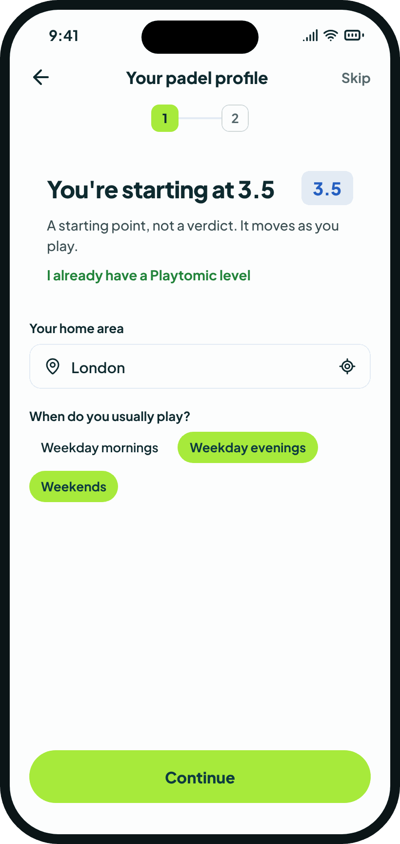 GotGame after five questions: You’re starting at 3.5, with the option to use a Playtomic level instead