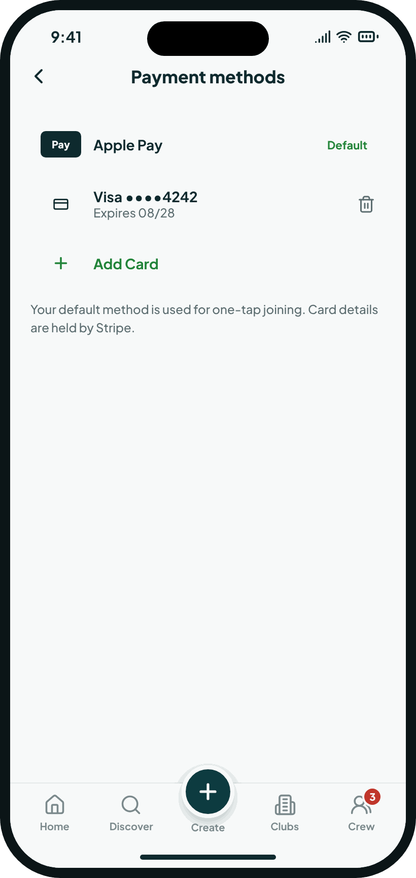 Payment methods in GotGame: Apple Pay as the default, and a saved card