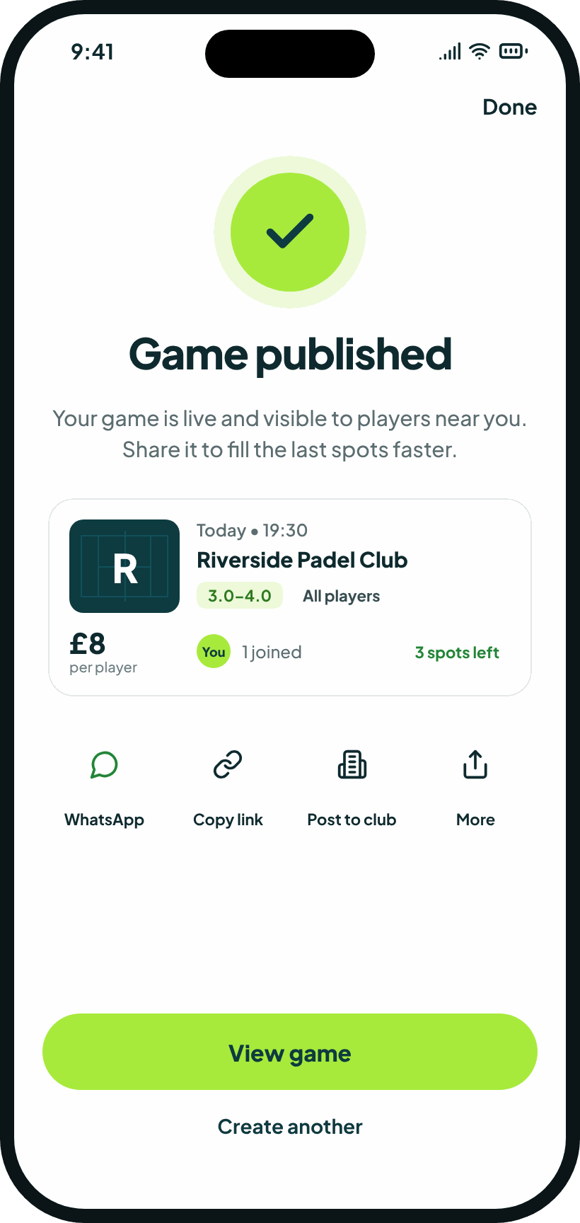 GotGame’s Game published screen, with buttons to share it on WhatsApp, copy the link or post it to a club