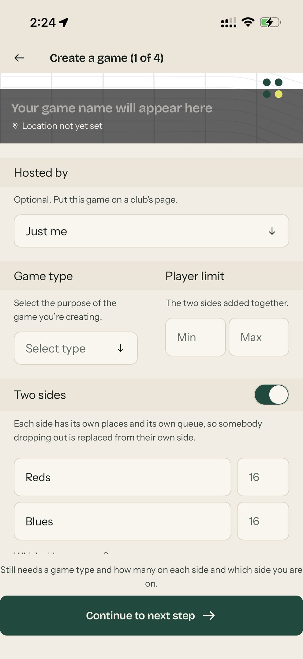 Setting up a game with Two sides switched on: a side called Reds with sixteen places and a side called Blues with sixteen, and a note that each side has its own queue so a drop-out is replaced from their own side.