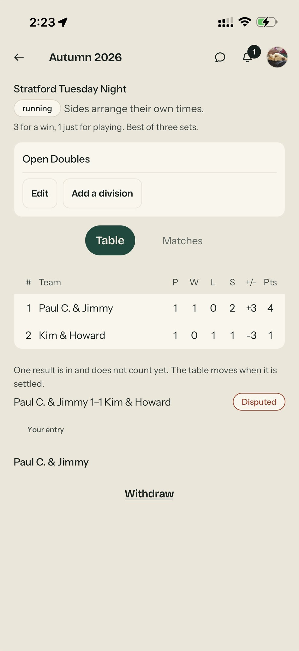 A league table: two pairs with played, won, lost, set difference and points, and a result marked Disputed below it.