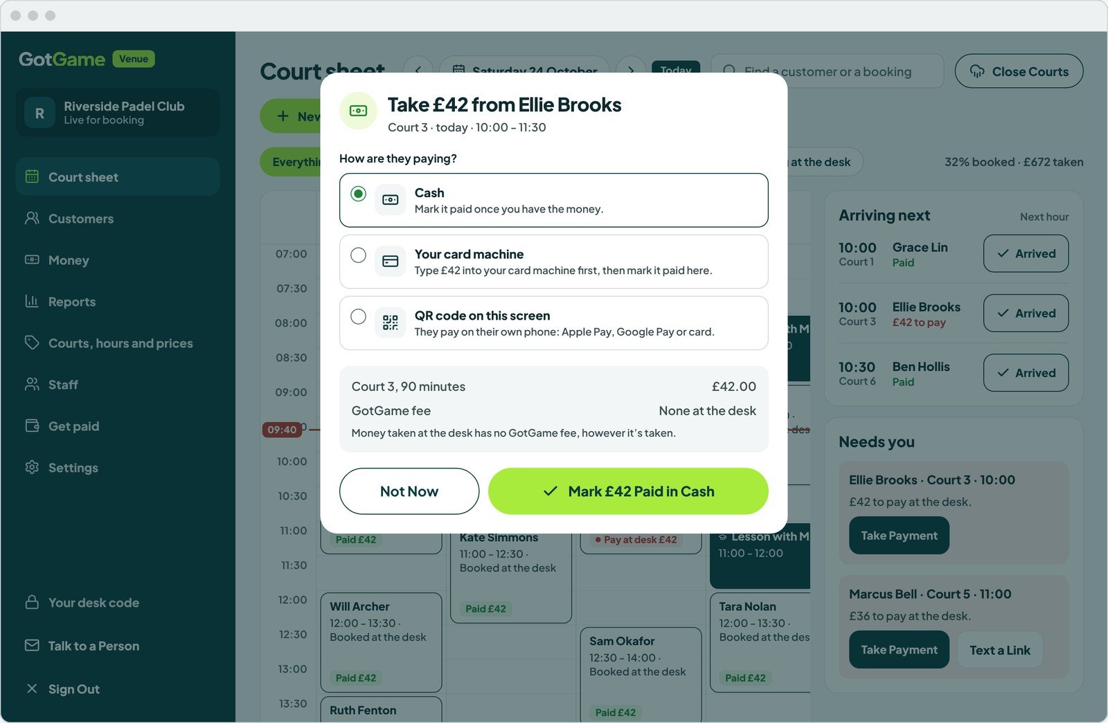 The venue website’s court sheet, taking £42 from a customer at the desk: cash, your card machine or a QR code on the screen, with no GotGame fee at the desk